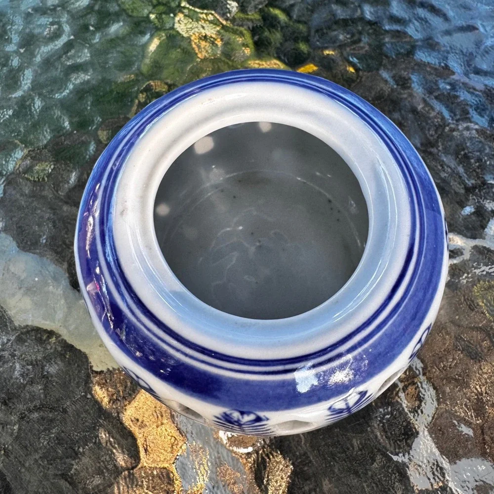 Blue & White‎ Ceramic Candle Holder Lantern Silvestri Floral Fern Cutout